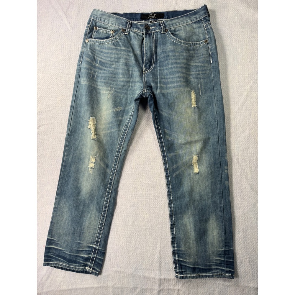 Earl Jean Mens 38x30 Distressed Straight Leg Denim Blue Thick Stitch Jeans